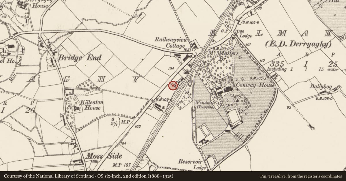 Ordnance Survey six-inch map, 2nd edition (1888–1915) covering the location of Orange Hall, Derryaghy, Lisburn and Castlereagh, with a pin at the register's coordinates