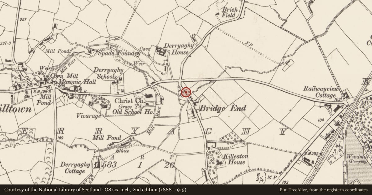 Ordnance Survey six-inch map, 2nd edition (1888–1915) covering the location of Holly House, Derryaghy, Lisburn and Castlereagh, with a pin at the register's coordinates