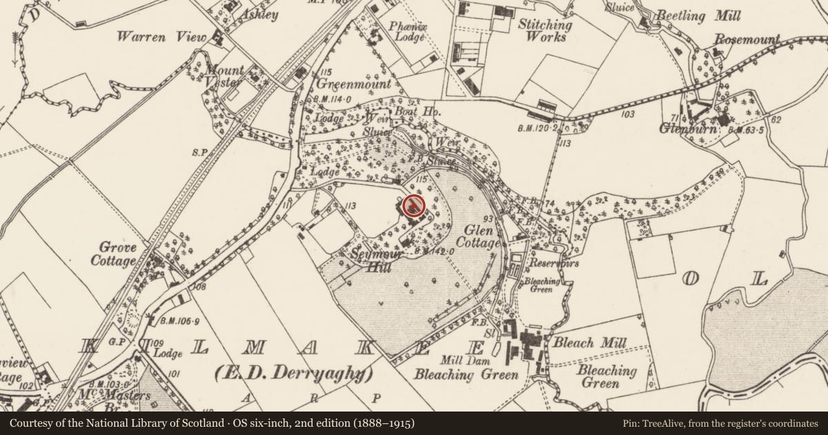 Ordnance Survey six-inch map, 2nd edition (1888–1915) covering the location of 5-10 Seymour Hill Mews, Lisburn and Castlereagh, with a pin at the register's coordinates
