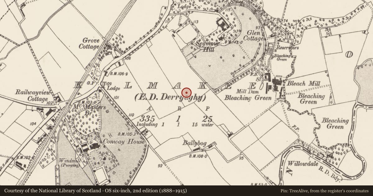 Ordnance Survey six-inch map, 2nd edition (1888–1915) covering the location of St. Hildas Church of Ireland, Kilmakee, Lisburn and Castlereagh, with a pin at the register's coordinates