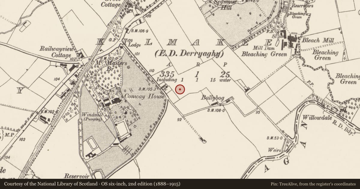 Ordnance Survey six-inch map, 2nd edition (1888–1915) covering the location of Kilmakee Presbyterian Church, Lisburn and Castlereagh, with a pin at the register's coordinates