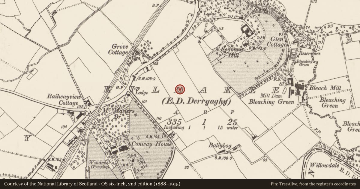 Ordnance Survey six-inch map, 2nd edition (1888–1915) covering the location of Kilmakee Estate, Lisburn and Castlereagh, with a pin at the register's coordinates