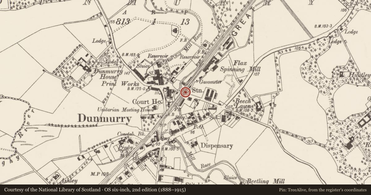 Ordnance Survey six-inch map, 2nd edition (1888–1915) covering the location of Railway Bridge, Dunmurry, Belfast, with a pin at the register's coordinates