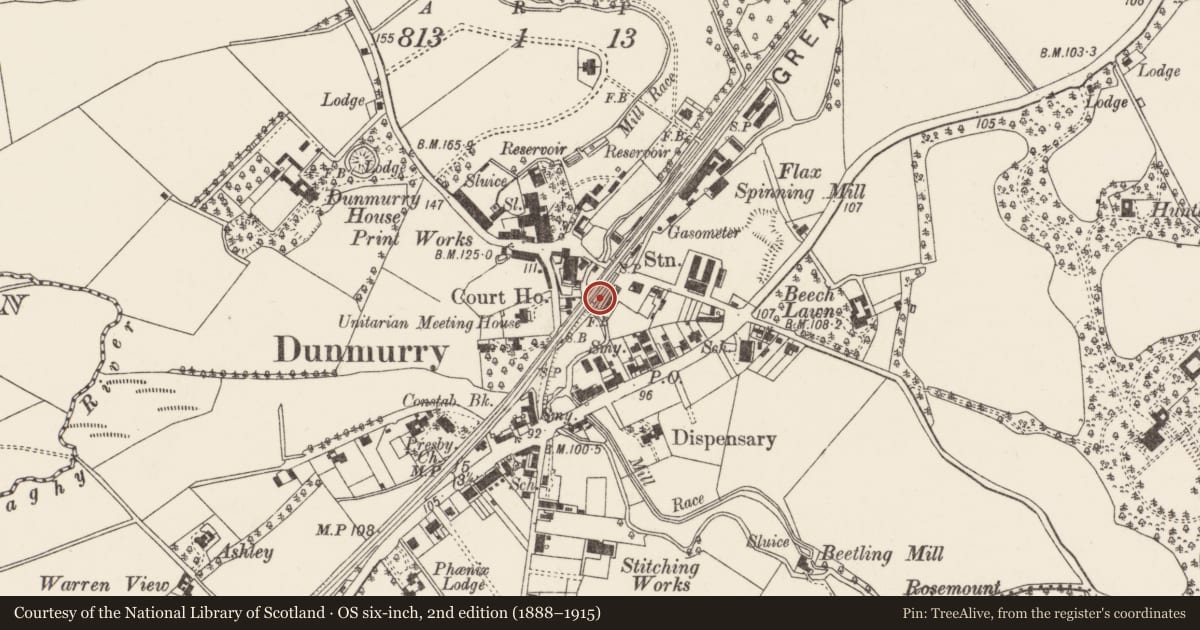 Ordnance Survey six-inch map, 2nd edition (1888–1915) covering the location of Railway Bridge over Glen River, Dunmurry, Belfast, with a pin at the register's coordinates
