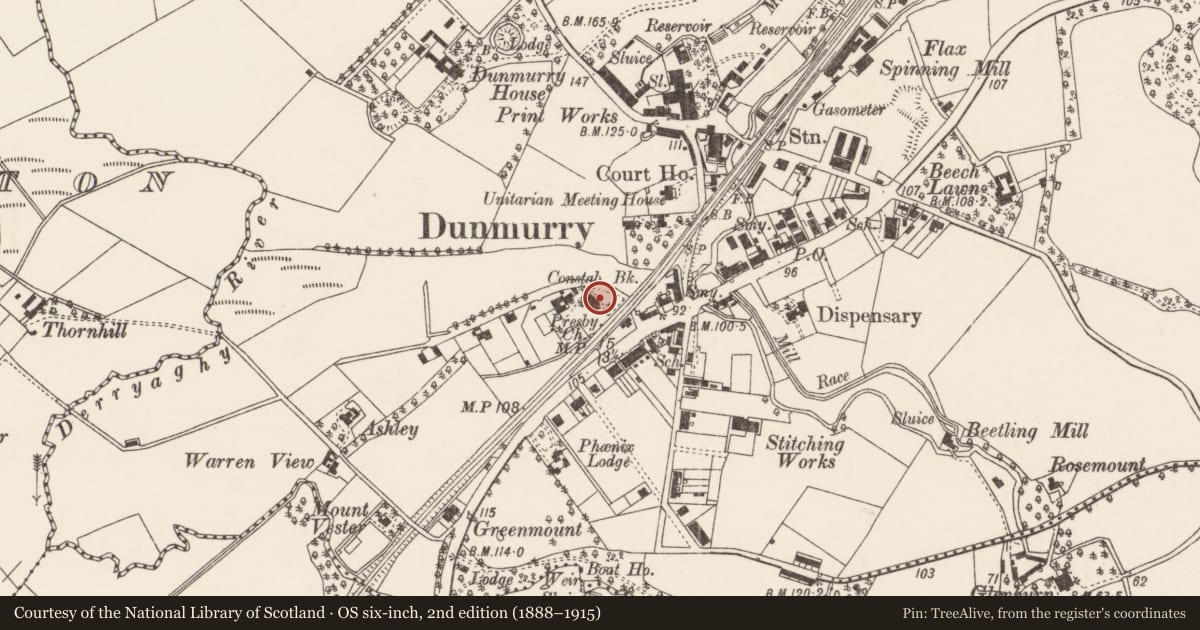 Ordnance Survey six-inch map, 2nd edition (1888–1915) covering the location of Presbyterian Church, Dunmurry, Belfast, with a pin at the register's coordinates