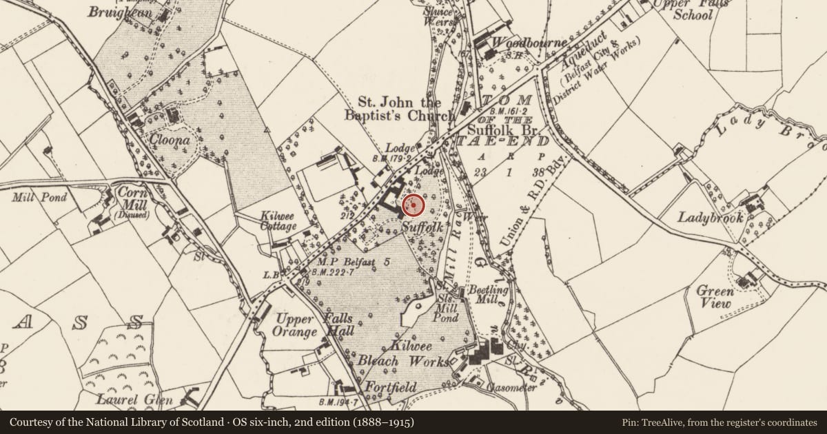 Ordnance Survey six-inch map, 2nd edition (1888–1915) covering the location of Suffolk House, Belfast, with a pin at the register's coordinates