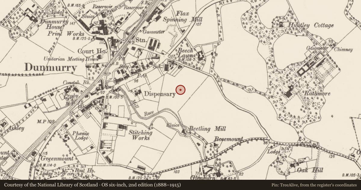Ordnance Survey six-inch map, 2nd edition (1888–1915) covering the location of St. Colman's Church of Ireland, Dunmurry, Belfast, with a pin at the register's coordinates
