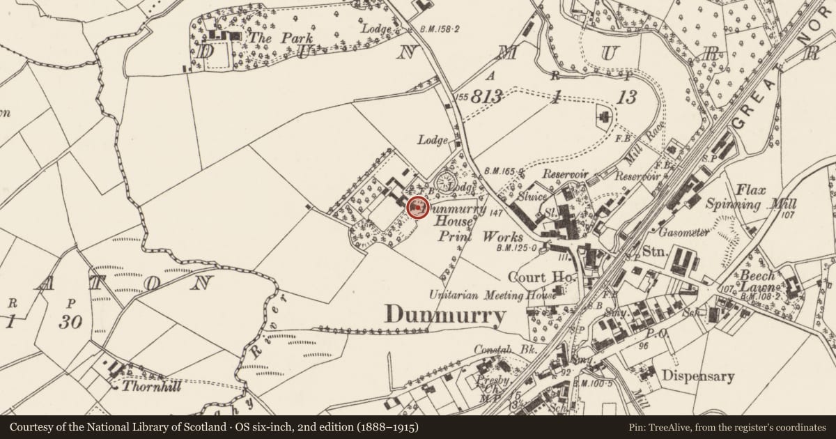 Ordnance Survey six-inch map, 2nd edition (1888–1915) covering the location of Dunmurry House, Belfast, with a pin at the register's coordinates
