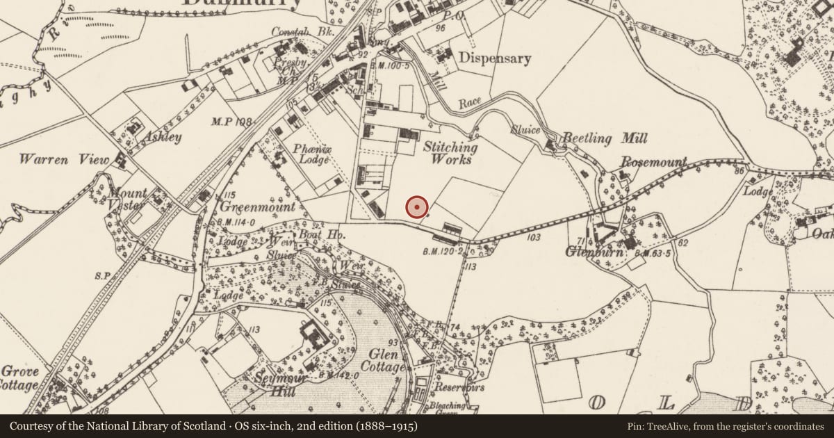 Ordnance Survey six-inch map, 2nd edition (1888–1915) covering the location of Dunmurry Primary School, Belfast, with a pin at the register's coordinates