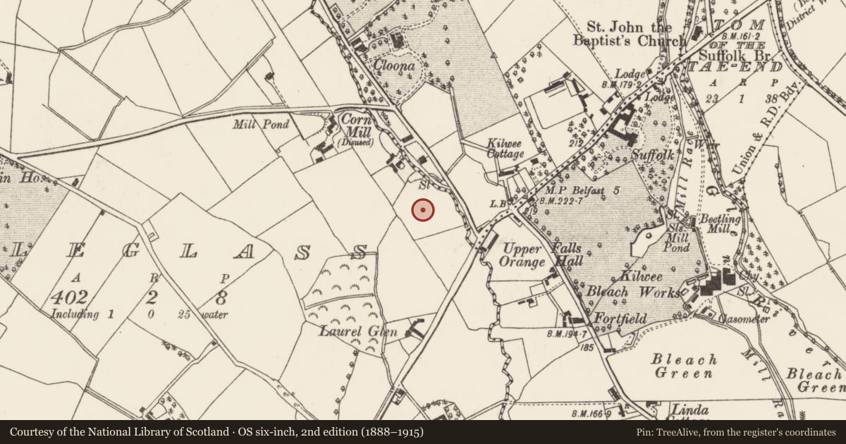 Ordnance Survey six-inch map, 2nd edition (1888–1915) covering the location of Collin House, Belfast, with a pin at the register's coordinates