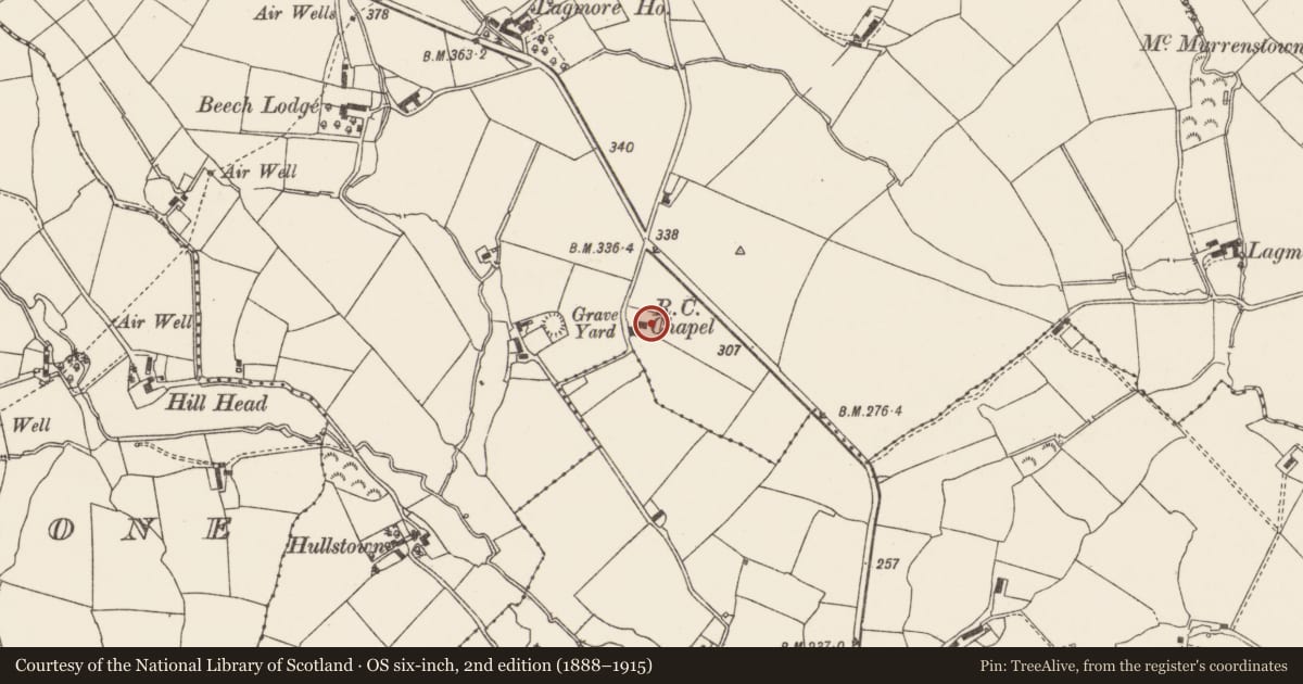 Ordnance Survey six-inch map, 2nd edition (1888–1915) covering the location of St Patrick's RC Church, Lagmore, Lisburn and Castlereagh, with a pin at the register's coordinates