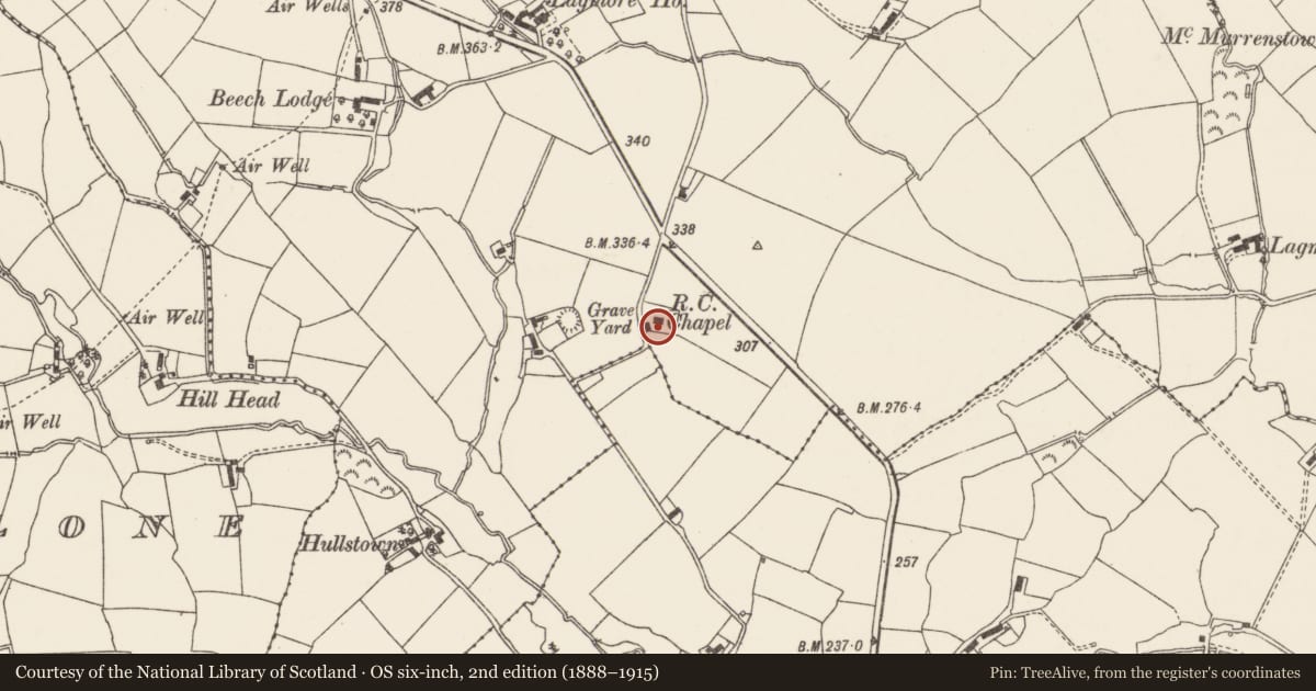 Ordnance Survey six-inch map, 2nd edition (1888–1915) covering the location of Sexton's house at St Patrick's RC Church, Lagmore, Lisburn and Castlereagh, with a pin at the register's coordinates