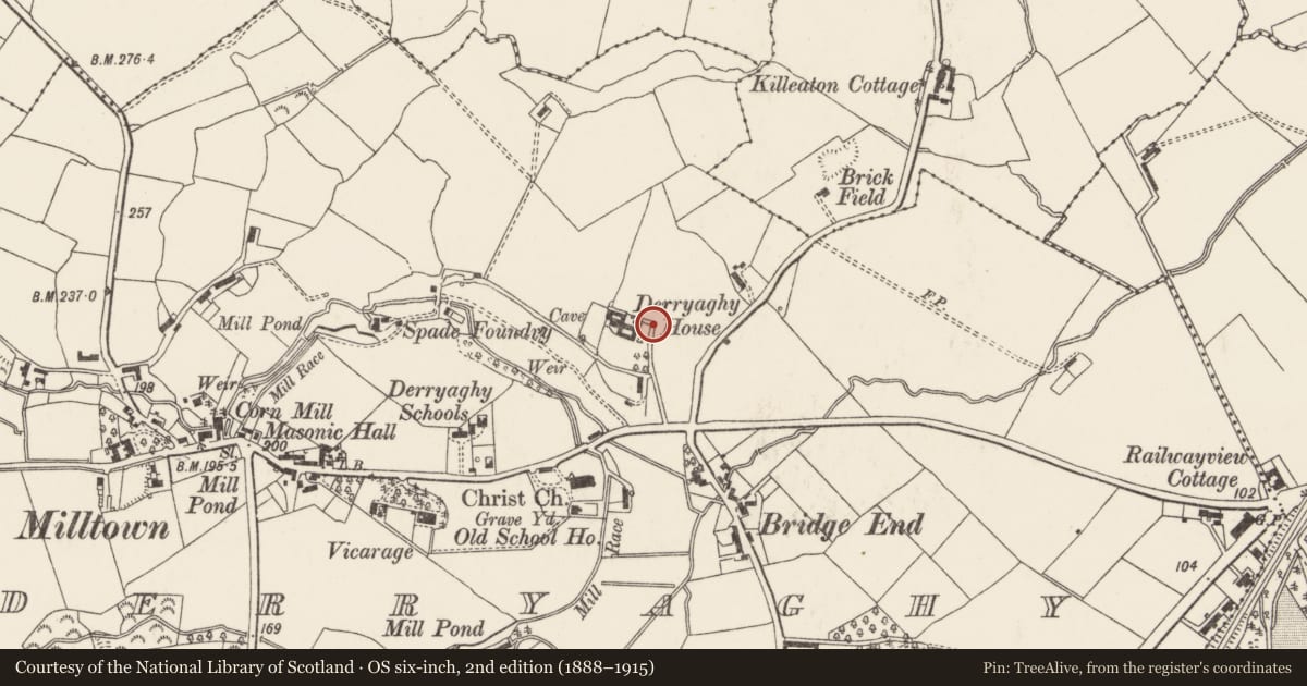 Ordnance Survey six-inch map, 2nd edition (1888–1915) covering the location of Derryaghy House, Lisburn and Castlereagh, with a pin at the register's coordinates