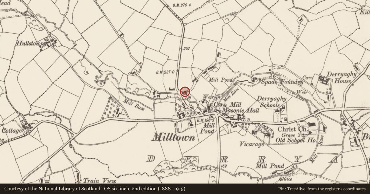 Ordnance Survey six-inch map, 2nd edition (1888–1915) covering the location of Vernacular building, Lisburn and Castlereagh, with a pin at the register's coordinates