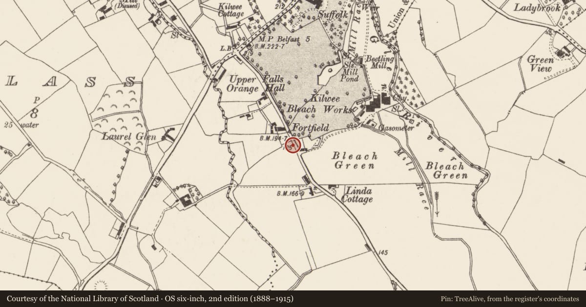 Ordnance Survey six-inch map, 2nd edition (1888–1915) covering the location of 140 Upper Dunmurry Lane, Belfast, with a pin at the register's coordinates