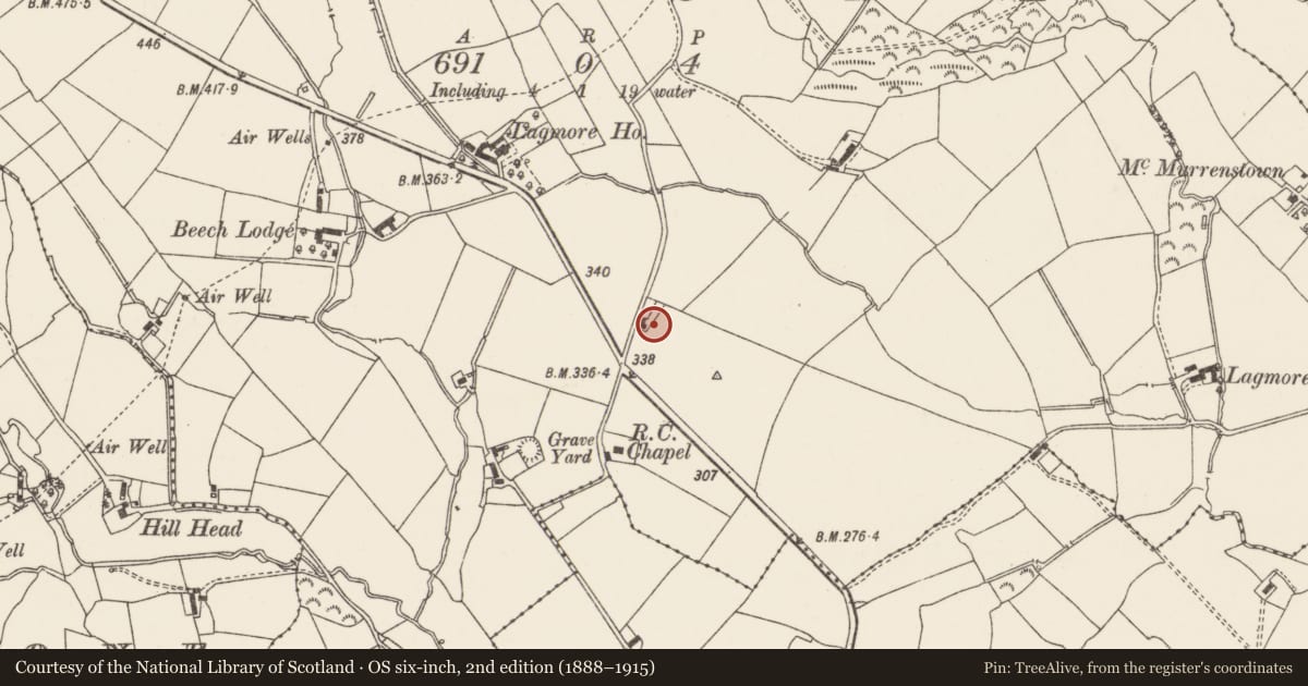 Ordnance Survey six-inch map, 2nd edition (1888–1915) covering the location of Fair Acre, Lagmore, Belfast, with a pin at the register's coordinates