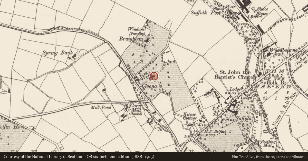 Ordnance Survey six-inch map, 2nd edition (1888–1915) covering the location of Cloona House, Ballycullo, Belfast, with a pin at the register's coordinates