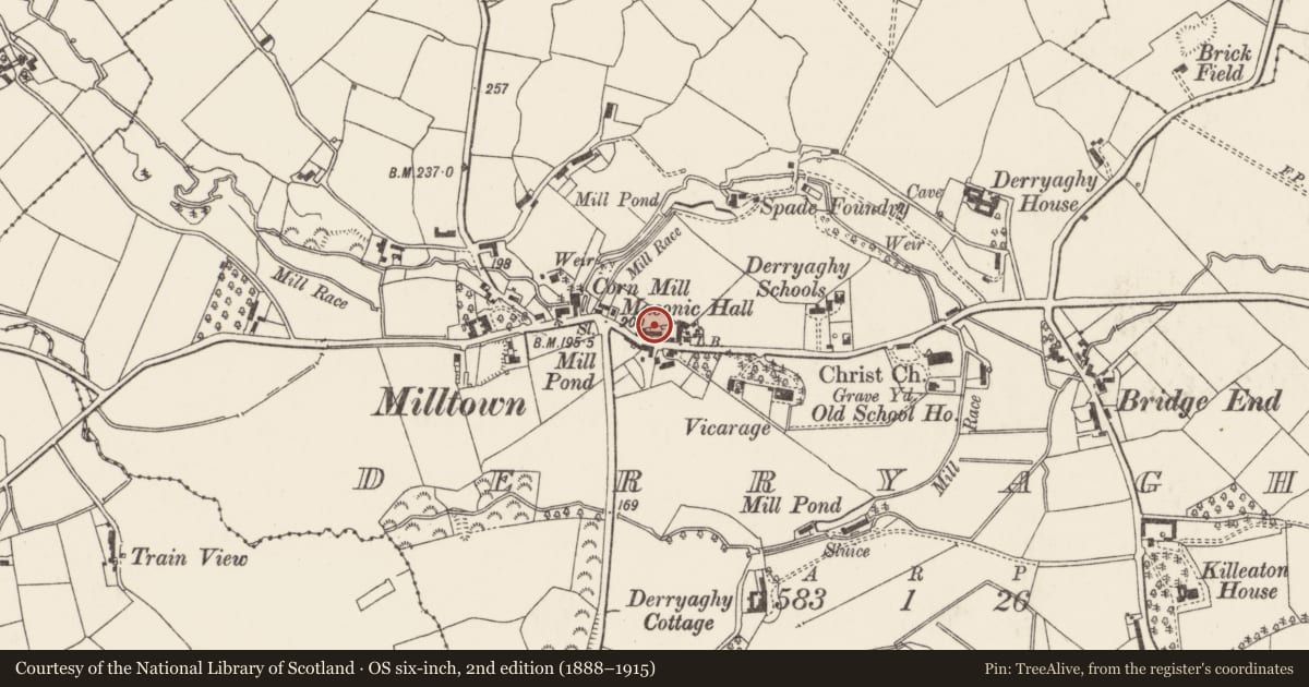 Ordnance Survey six-inch map, 2nd edition (1888–1915) covering the location of The Village Inn (Formerly Traveller’s Rest), Lisburn and Castlereagh, with a pin at the register's coordinates