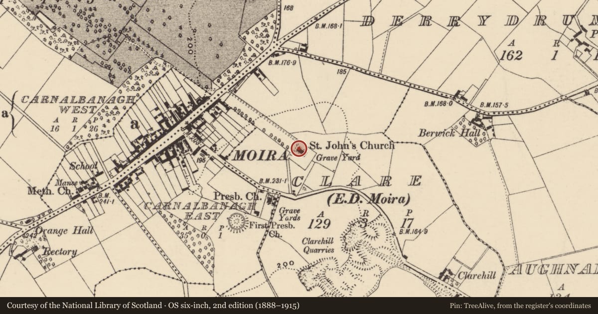 Ordnance Survey six-inch map, 2nd edition (1888–1915) covering the location of Saint John's Parish Church of Ireland, Clare/Carnalbanagh, Lisburn and Castlereagh, with a pin at the register's coordinates
