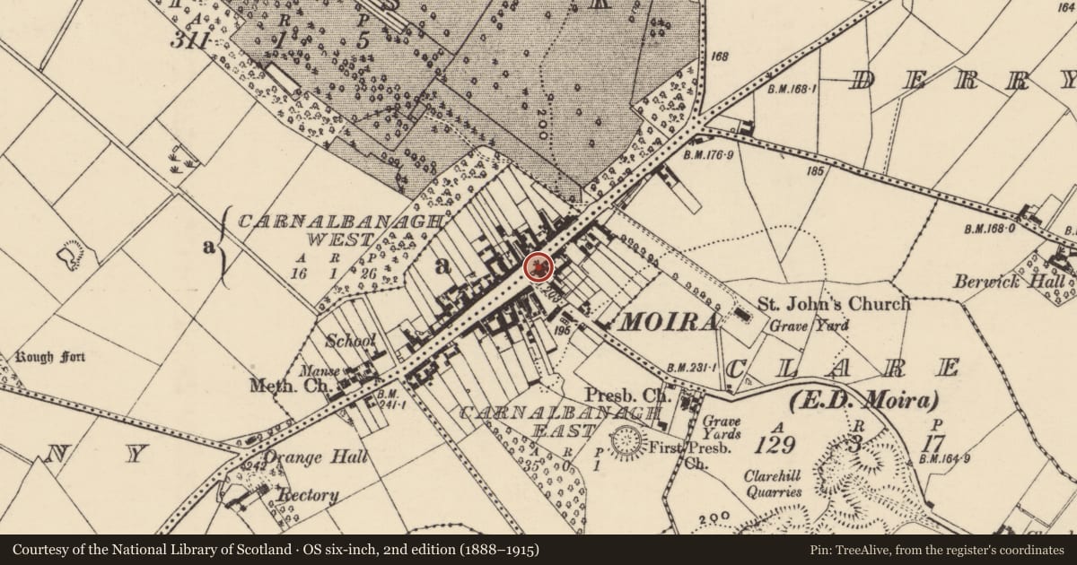 Ordnance Survey six-inch map, 2nd edition (1888–1915) covering the location of Former Courthouse, Carnalbanagh East, Lisburn and Castlereagh, with a pin at the register's coordinates