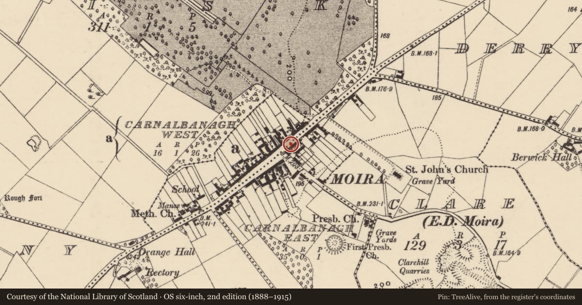 Ordnance Survey six-inch map, 2nd edition (1888–1915) covering the location of 77 Main Street, Carnalbanagh East, Lisburn and Castlereagh, with a pin at the register's coordinates