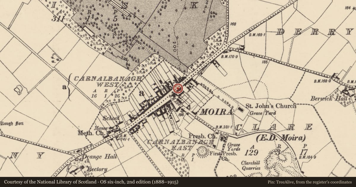 Ordnance Survey six-inch map, 2nd edition (1888–1915) covering the location of 81 Main Street, Carnalbanagh East, Lisburn and Castlereagh, with a pin at the register's coordinates