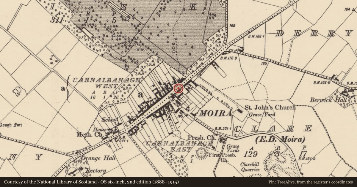 Ordnance Survey six-inch map, 2nd edition (1888–1915) covering the location of 83 Main Street, Carnalbanagh, Lisburn and Castlereagh, with a pin at the register's coordinates