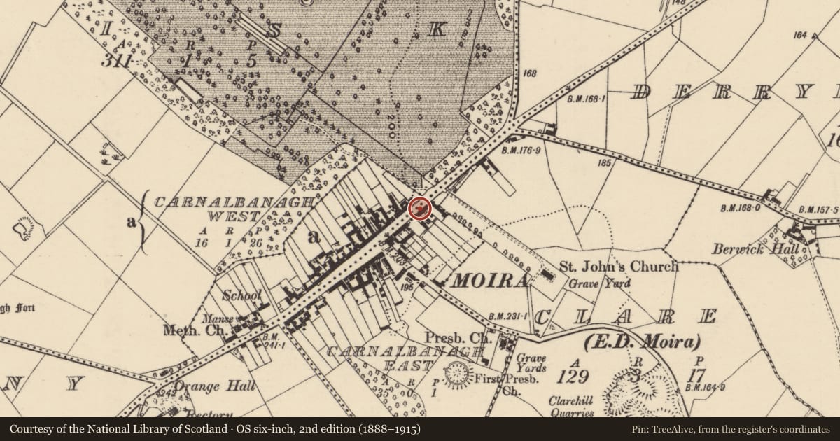 Ordnance Survey six-inch map, 2nd edition (1888–1915) covering the location of 89 Main Street, Carnalbanagh East, Lisburn and Castlereagh, with a pin at the register's coordinates