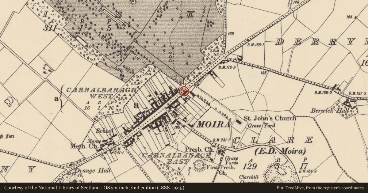 Ordnance Survey six-inch map, 2nd edition (1888–1915) covering the location of 91-93 Main Street, Carnalbanagh East, Lisburn and Castlereagh, with a pin at the register's coordinates