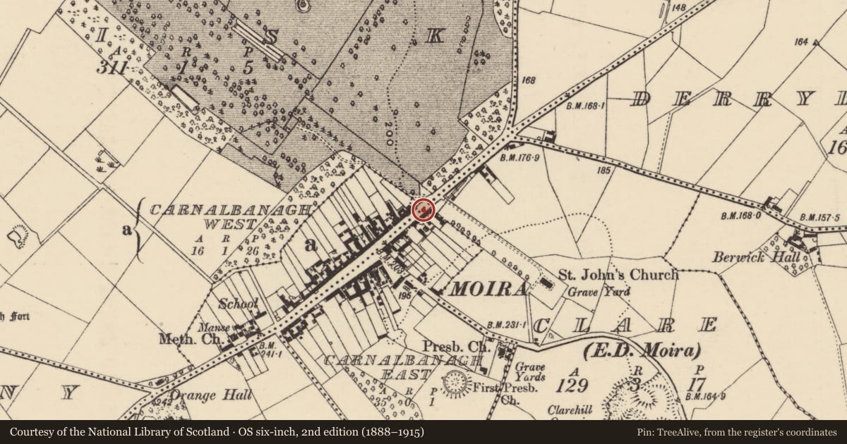 Ordnance Survey six-inch map, 2nd edition (1888–1915) covering the location of 95 Main Street, Carnalbanagh East, Lisburn and Castlereagh, with a pin at the register's coordinates