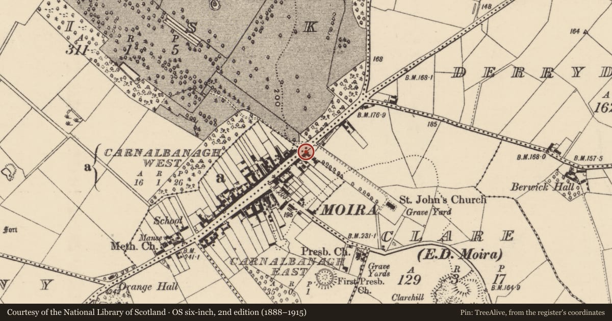 Ordnance Survey six-inch map, 2nd edition (1888–1915) covering the location of 101 Main Street, Carnalbanagh East, Lisburn and Castlereagh, with a pin at the register's coordinates