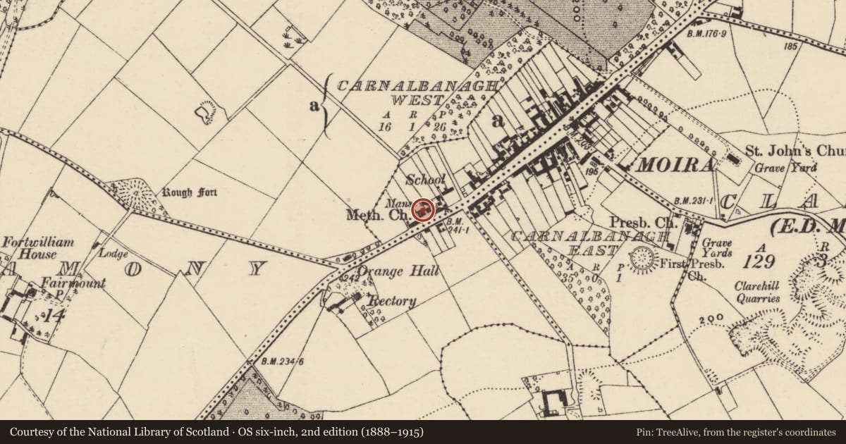 Ordnance Survey six-inch map, 2nd edition (1888–1915) covering the location of Moira Methodist Church, Lisburn and Castlereagh, with a pin at the register's coordinates