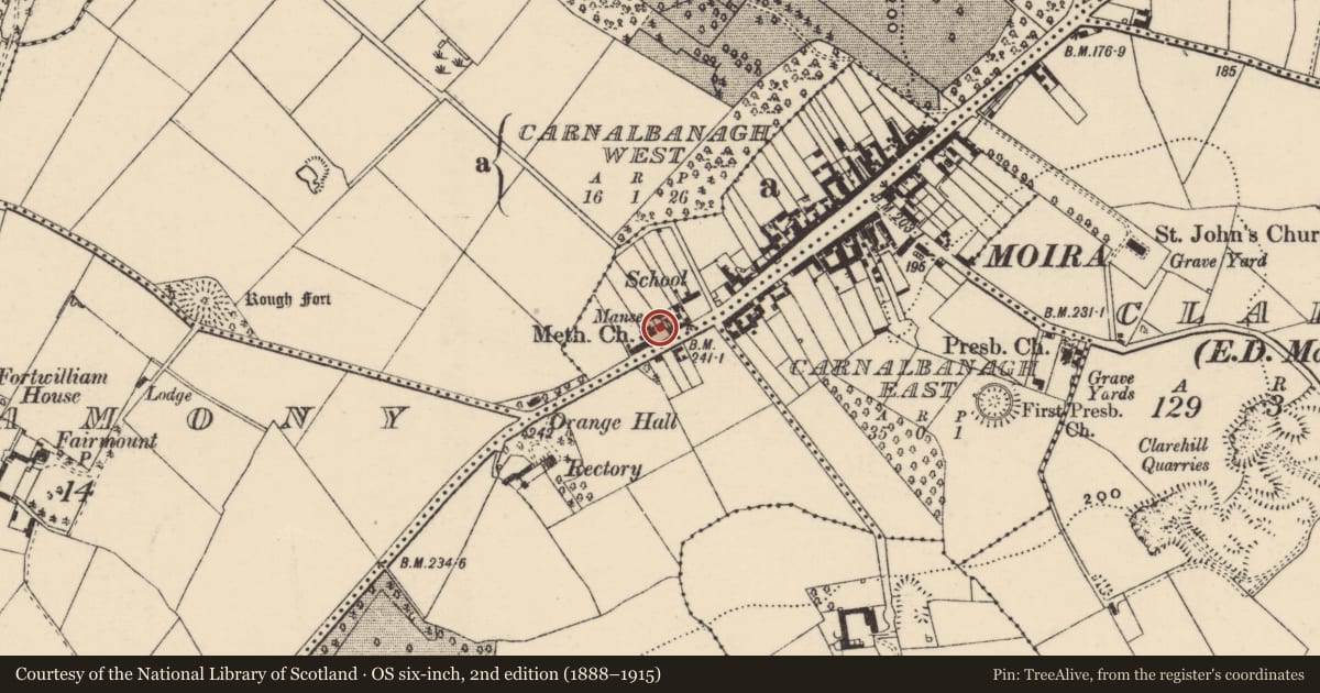 Ordnance Survey six-inch map, 2nd edition (1888–1915) covering the location of Methodist Manse, Lisburn and Castlereagh, with a pin at the register's coordinates