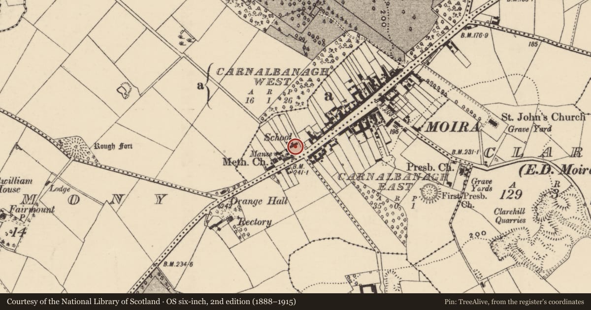 Ordnance Survey six-inch map, 2nd edition (1888–1915) covering the location of The Logic Cafe, Carnalbanagh West, Lisburn and Castlereagh, with a pin at the register's coordinates