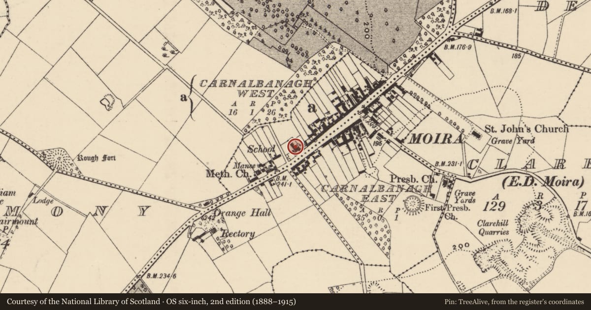 Ordnance Survey six-inch map, 2nd edition (1888–1915) covering the location of Eden House Fashions, Lisburn and Castlereagh, with a pin at the register's coordinates