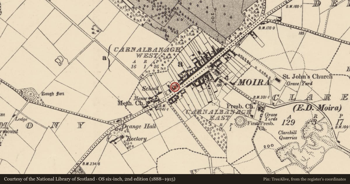 Ordnance Survey six-inch map, 2nd edition (1888–1915) covering the location of 40-42 Main Street, Lisburn and Castlereagh, with a pin at the register's coordinates
