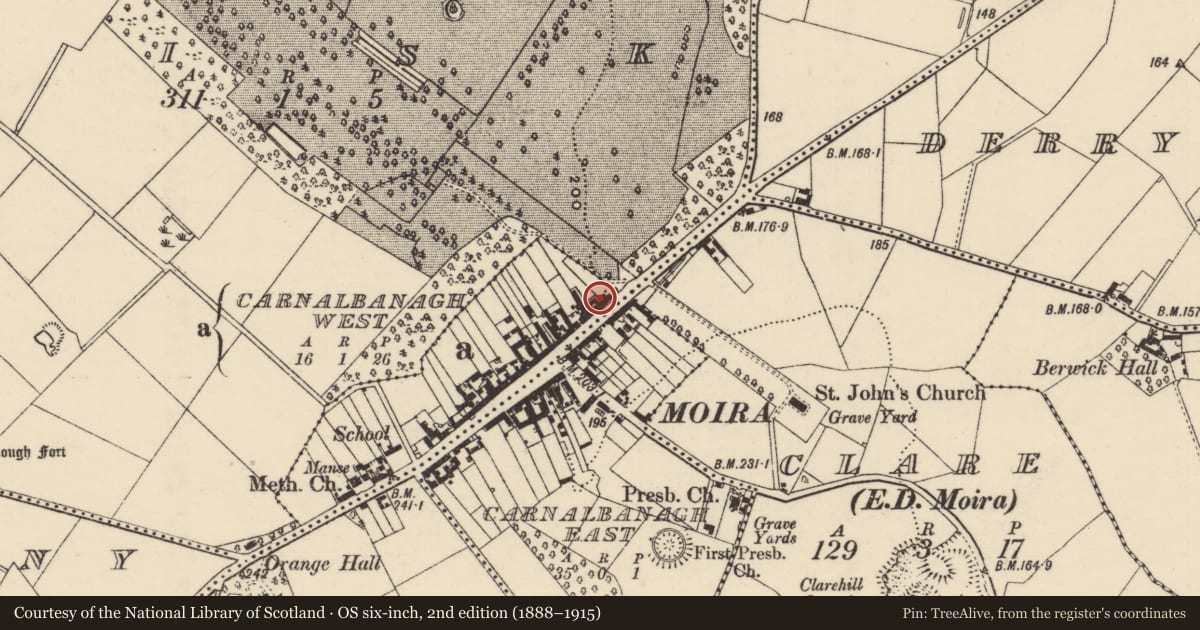 Ordnance Survey six-inch map, 2nd edition (1888–1915) covering the location of 104 Main St., Lisburn and Castlereagh, with a pin at the register's coordinates