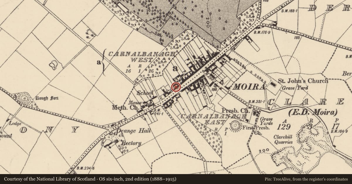 Ordnance Survey six-inch map, 2nd edition (1888–1915) covering the location of 48-50 Main Street, Lisburn and Castlereagh, with a pin at the register's coordinates
