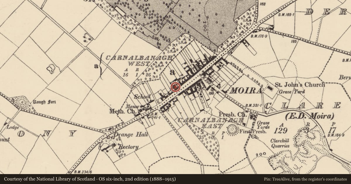 Ordnance Survey six-inch map, 2nd edition (1888–1915) covering the location of Moira Surgery, Lisburn and Castlereagh, with a pin at the register's coordinates