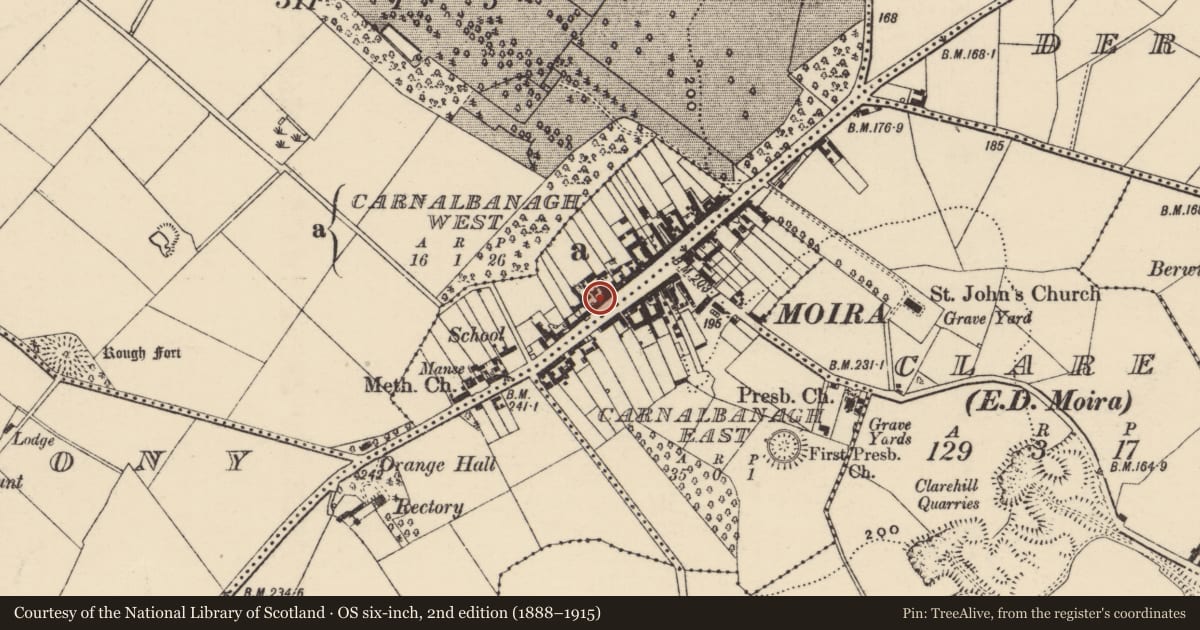 Ordnance Survey six-inch map, 2nd edition (1888–1915) covering the location of 54 Main Street, Carnalbanagh West, Lisburn and Castlereagh, with a pin at the register's coordinates