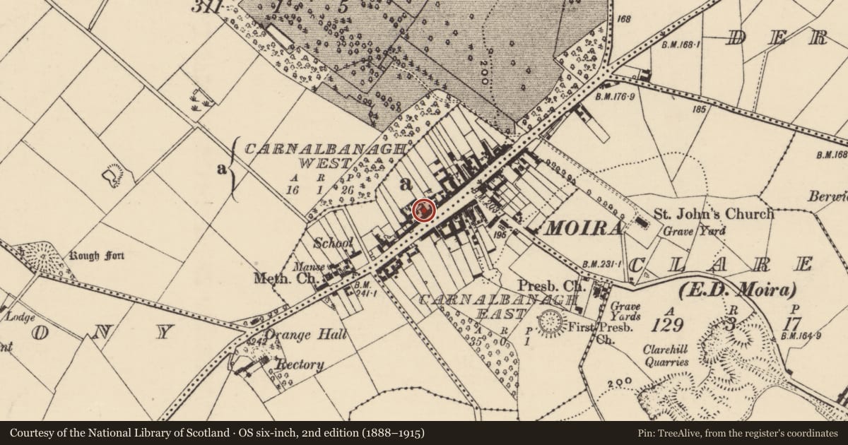 Ordnance Survey six-inch map, 2nd edition (1888–1915) covering the location of McCartney’s of Moira, Lisburn and Castlereagh, with a pin at the register's coordinates