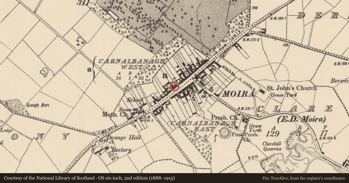 Ordnance Survey six-inch map, 2nd edition (1888–1915) covering the location of 60-64 Main Street, Lisburn and Castlereagh, with a pin at the register's coordinates