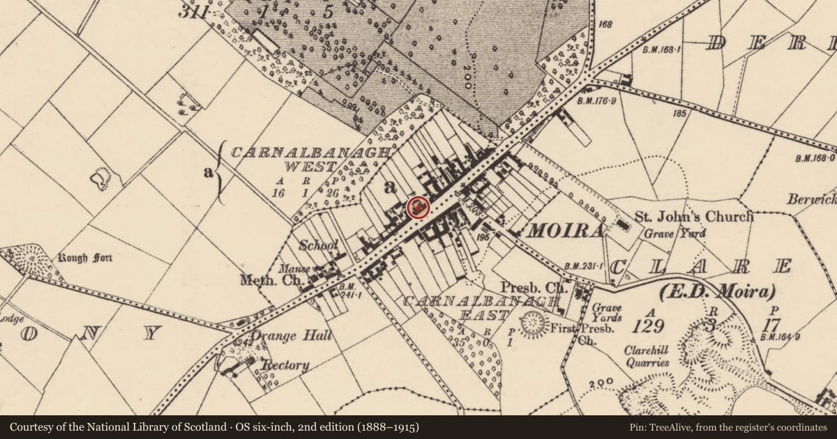 Ordnance Survey six-inch map, 2nd edition (1888–1915) covering the location of Moira Mews, John Irwin Solicitors and Looking Glass, Lisburn and Castlereagh, with a pin at the register's coordinates