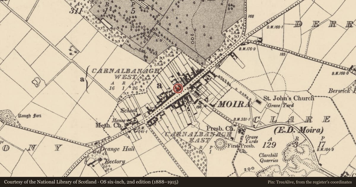 Ordnance Survey six-inch map, 2nd edition (1888–1915) covering the location of 70-74 Main Street, Lisburn and Castlereagh, with a pin at the register's coordinates