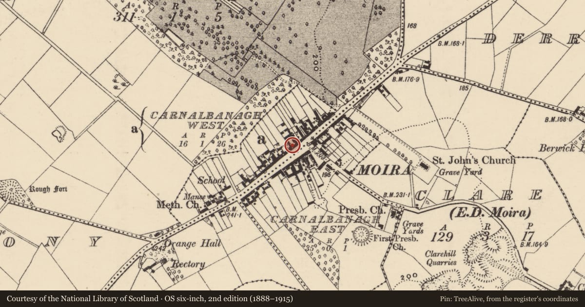 Ordnance Survey six-inch map, 2nd edition (1888–1915) covering the location of 76 Main Street, Carnalbanagh East/Carnalbanagh West, Lisburn and Castlereagh, with a pin at the register's coordinates