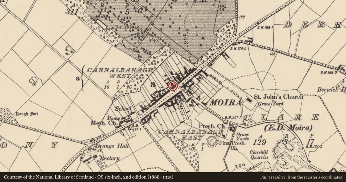 Ordnance Survey six-inch map, 2nd edition (1888–1915) covering the location of 78 Main Street, Carnalbanagh East/Carnalbanagh West, Lisburn and Castlereagh, with a pin at the register's coordinates