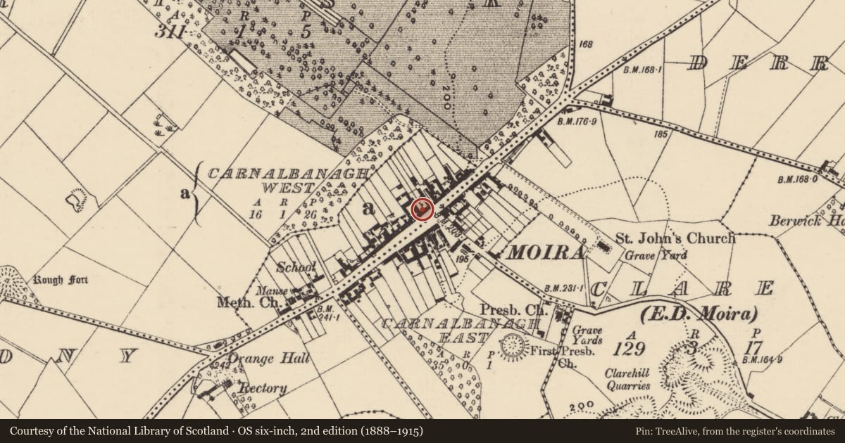 Ordnance Survey six-inch map, 2nd edition (1888–1915) covering the location of Diamond Dolls and Dream Jewels, Lisburn and Castlereagh, with a pin at the register's coordinates