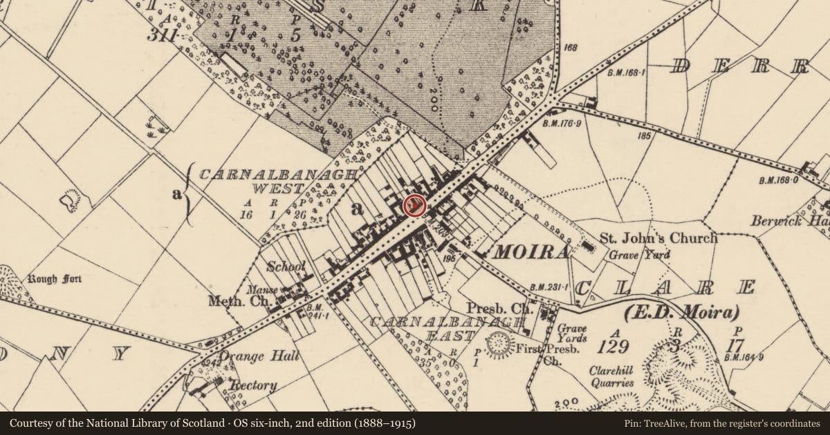 Ordnance Survey six-inch map, 2nd edition (1888–1915) covering the location of Pretty Mary’s Bar and Food House, Lisburn and Castlereagh, with a pin at the register's coordinates