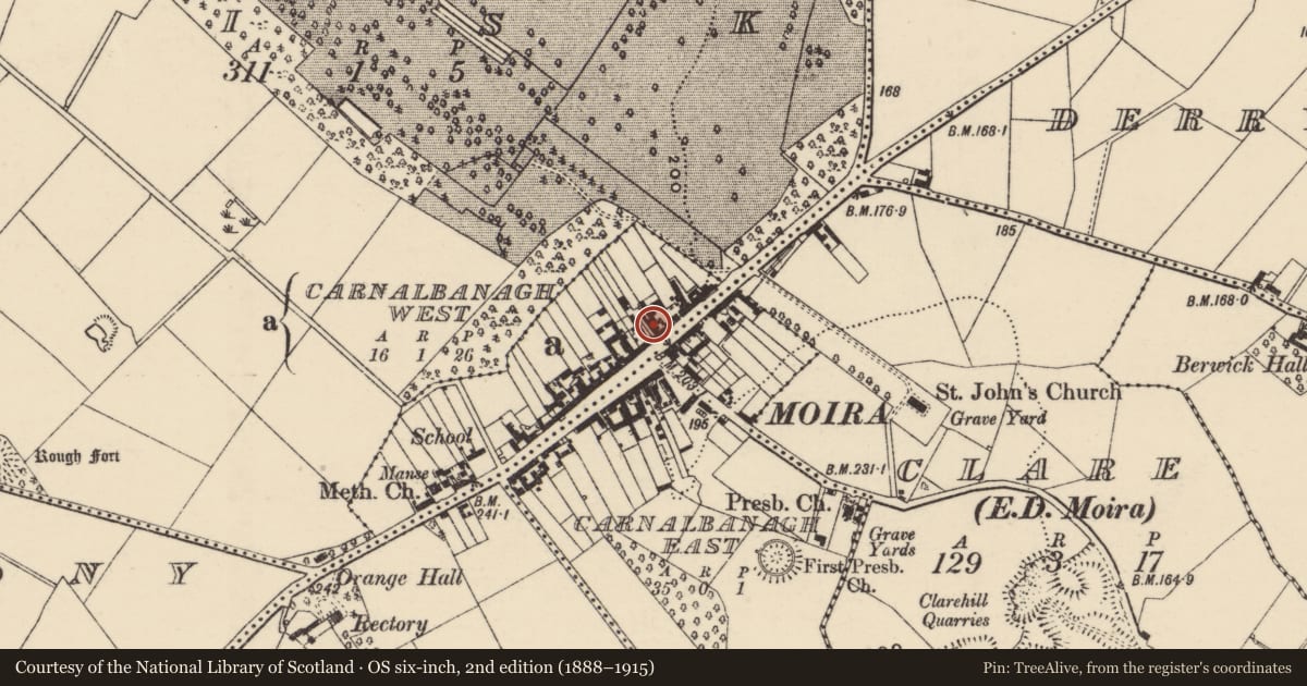 Ordnance Survey six-inch map, 2nd edition (1888–1915) covering the location of Midnight Haunt, Carnalbanagh East Carnalbanagh West, Lisburn and Castlereagh, with a pin at the register's coordinates
