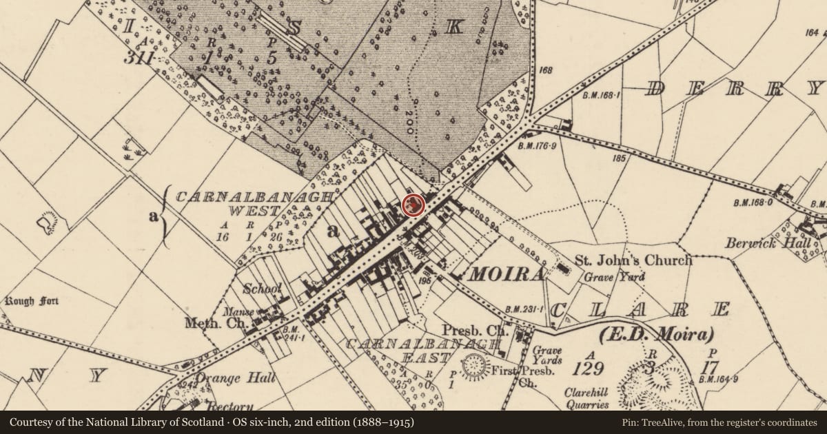 Ordnance Survey six-inch map, 2nd edition (1888–1915) covering the location of Equus, Lisburn and Castlereagh, with a pin at the register's coordinates